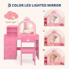 Kids Vanity Desk with Mirror and Lights, White Princess Wooden Makeup, Storage Shelves and Drawers, 2-in-1 Girls Dressing Table Bedroom Furniture