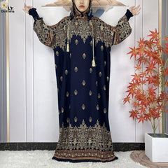 2025 Women Long Sleeves Dress Cotton Ramadan Abaya with Two Hats Muslim Women's Kaftan Dress Dubai Turkey Islam Prayer Clothing