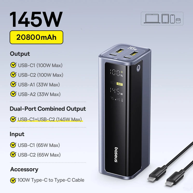 Baseus 145W Power Bank 20800mAh Dual USB A USB C PD 100W Fast Charging Digital Display Portable PowerBank for Laptop Phone Steam