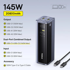 Baseus 145W Power Bank 20800mAh Dual USB A USB C PD 100W Fast Charging Digital Display Portable PowerBank for Laptop Phone Steam