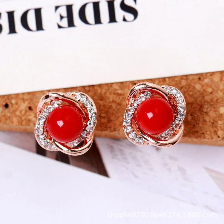 14K Gold Zircon Pearl Twist Stud Earrings for Women