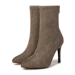 Autumn Winter New High Heel Velvet Short Boots Pointed Toe Solid Color Thin Heel Suede Versatile Sock Boots Stretch Women Shoes