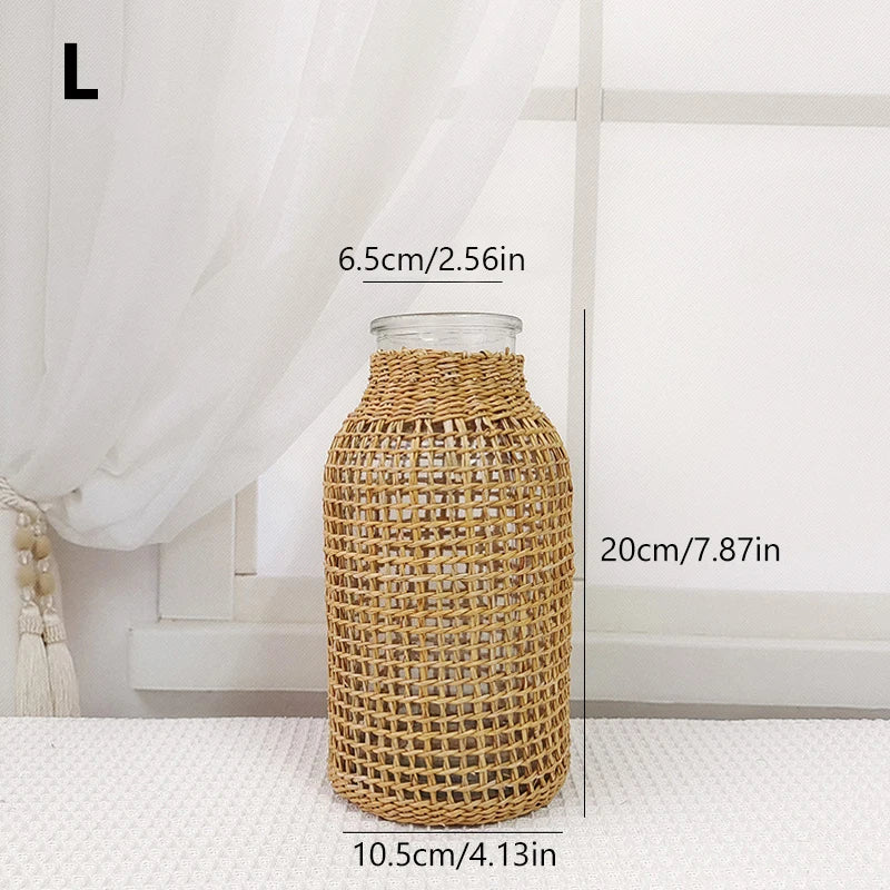 Vintage Rattan Vase Hand Woven Wicker Flower Pot Glass Bouquets Holder Vases Wedding Party Dining Table Centerpiece Decor