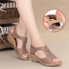 WOIZGIC Women Old Mother Laides Wedges Sandals Platform Shoes PU Leather Non Slip Beach Summer Cool Zipper