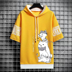Men's Japan Fashion Men's Hoodies Summer Men Clothing Cartoon Casual Harajuku Streetwear Print Hooded Top Short Sleeve Sweatshirts Men