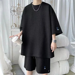 2025 3D Men's new Waffle TZ30 Summer Suit  Casual T-shirt + Shorts Suit Men's Tracksuit Solid color tracksuit loose suit