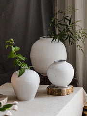 Large Size White Thick Earthenware Flower Vase Ceramic Imitation Living Room Floor Standing Moon Clay Pot Vintage Flower Holder