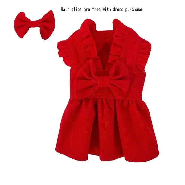 Puppy Bow Knot Dress Set Winter Warm Dog Clothes Pet Christmas Princess Dress Teddy Solid Color Skirt Send Clip Pet Shop Pet Clothing