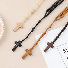 Christ Jesus Wooden Beads 8mm Rosary Bead Cross Pendant Woven Rope Chain Necklace Religious Orthodox Praying Jewelry Chain Decor