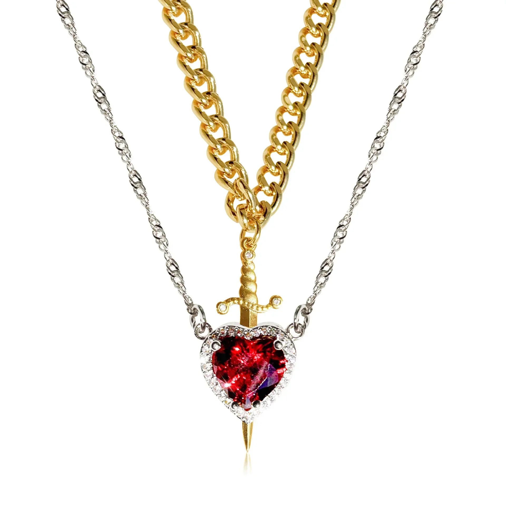 LATS 2pcs Can Be Assembled Heart and Sword Zircon Pendant Necklace for Men Couple Silver Gold Plated Choker Chain Jewelry