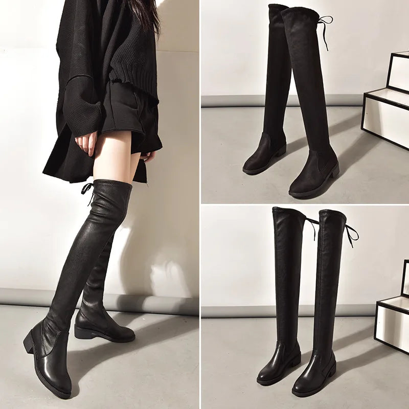 Long Leather Boots Women's Over-the-knee Skinny Boots  Autumn and Winter New Long-tube High-heeled Stretch Shoes