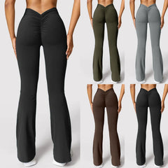Fashion flared pants women's V back waist sports pants high waist buttocks beautiful buttocks fitness pants solid color tight La