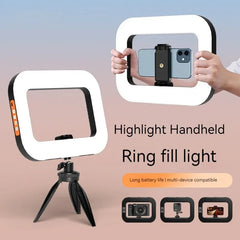 Rechargeable Handheld Ring Light with Adjustable Tripod Stand & Phone Holder. 3 Color Modes (Warm/Cool/Natural) & 10 Brightness