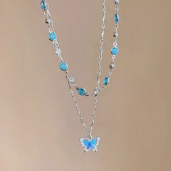 LATS Romantic Blue Crystal Butterfly Necklace Girls Simple Shiny Zircon Bilayer Choker Clavicle Chain New Fine Jewelry
