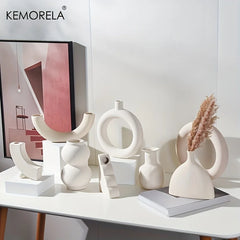 Nordic Ceramic Vase Circular Hollow Donuts Flower Pot Home Living Room Decoration Accessories Interior Office Desktop Decor Gift