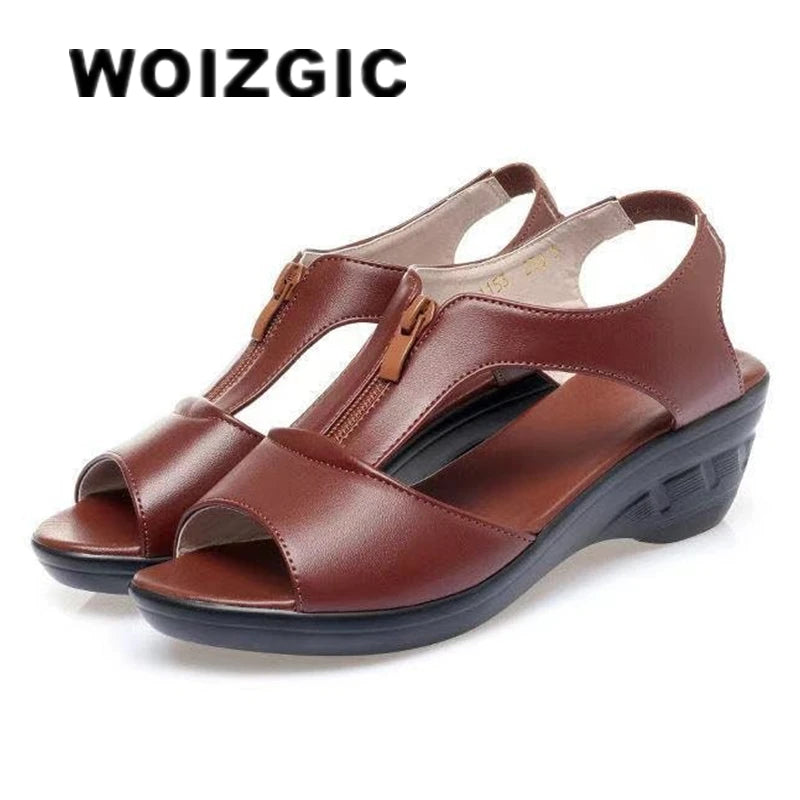 WOIZGIC Women Old Mother Laides Wedges Sandals Platform Shoes PU Leather Non Slip Beach Summer Cool Zipper