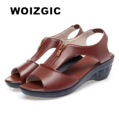 WOIZGIC Women Old Mother Laides Wedges Sandals Platform Shoes PU Leather Non Slip Beach Summer Cool Zipper
