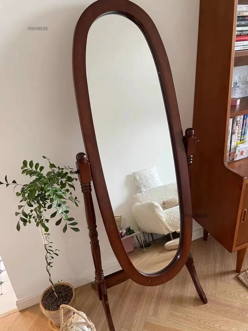 French Retro Solid Wood Floor Mirror Medieval Living Room Bedroom Dressing Mirrors Clothing Store Full-body Fitting Mirror