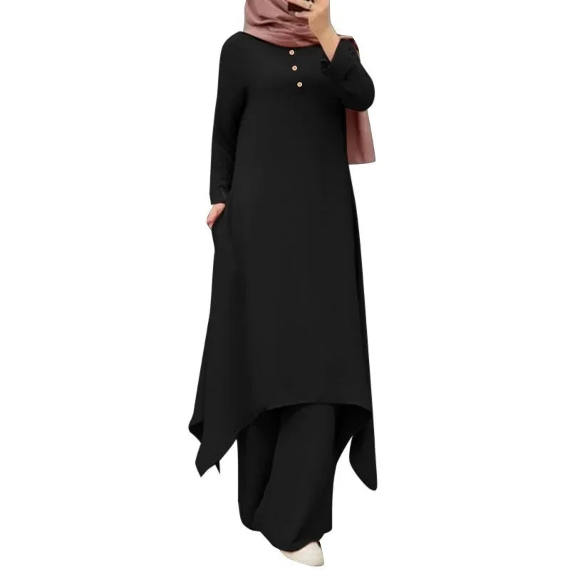 Spring Autumn Hot Sale Of The Season New Muslim Women's Clothing Set Middle East Solid Color round Neck Button Long Sleeve Wide
