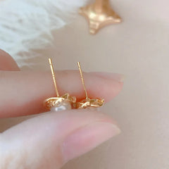 14K Gold Zircon Pearl Twist Stud Earrings for Women
