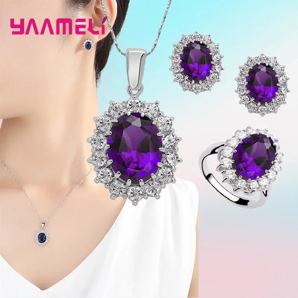 925 Sterling Silver Plated Princess Oval Zircon Jewelry Set – Necklace, Earrings & Ring