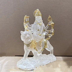 Indian Goddess Durga Statue - Resin Water Glass Figurine Riding Tiger & Lion for Worship