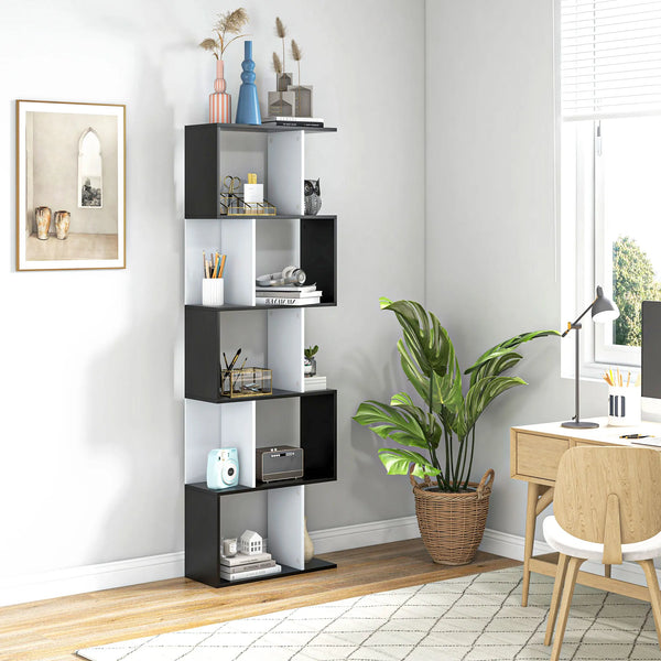HOMCOM 5-tier Bookcase Storage Display Shelving S Shape design Unit Black Office Furniture