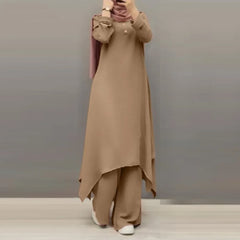 Spring Autumn Hot Sale Of The Season New Muslim Women's Clothing Set Middle East Solid Color round Neck Button Long Sleeve Wide