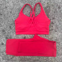 Solid Color Gym Fitness Set Tight Soft cross Fitness Bra 2pc compression High Waist Yoga Legging Suit Comprehensive Training Jog