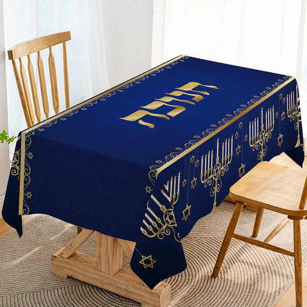Hanukkah Menorah Rectangle Tablecloth Hebrew Jewish Chanukah Party Decor Star of David Table Cover Washable Kitchen Dining Table