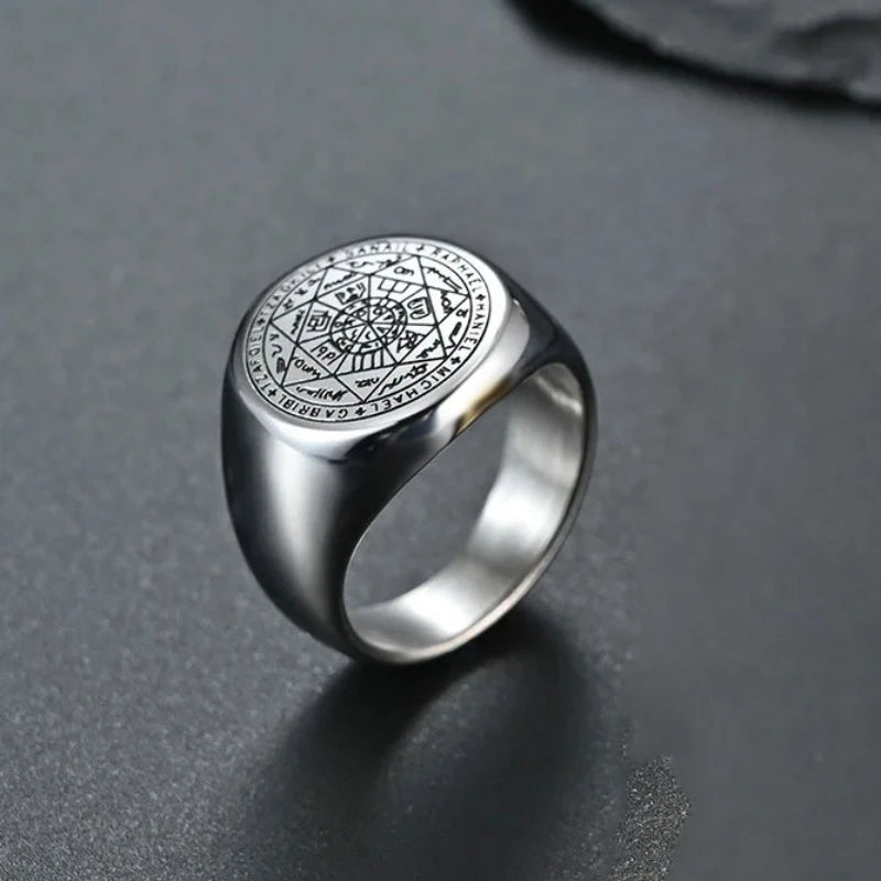 YILUOCD Seal of The Seven Archangels Rings for Men The Key of Solomon Ring Kabbalah Talisman Amulet Stainless Steel Male Jewelry