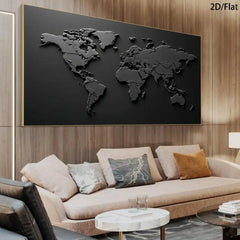 1 Modern Abstract Relief World Map Mural - Black and White Printed Canvas Poster for Living Room and Bedroom Decoration, 2D Flat