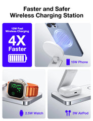 Magnetic 3 in 1 Fast Wireless Charger Stand Foldable Charging Station For iPhone 16 15 14 13 12 Apple Watch 9 8 7 6 Airpods Pro