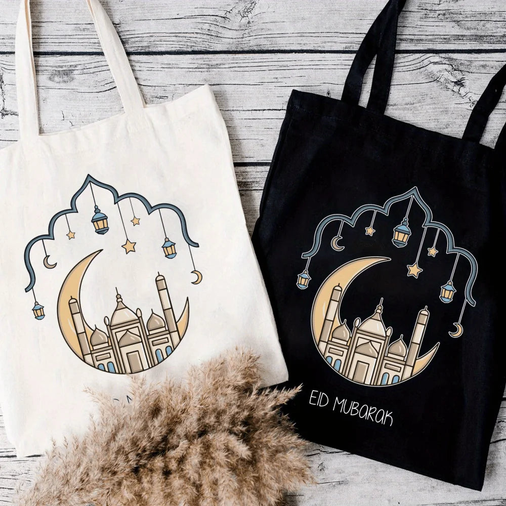 Islamic Ramadan Themed Polyester Tote Bag, Durable Large Capacity Handbag with Eid Mubarak Print, Ideal for Outdoor Picnic, Shopping