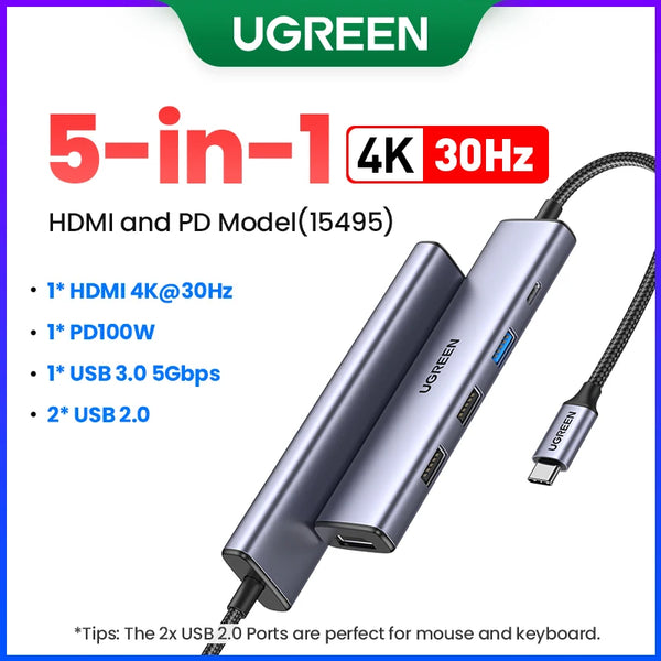 UGREEN USB HUB 4K120Hz DP Type-C to 4K60Hz 2xHDMI SD/TF RJ45 3.5mm USB3.2 Gen2 10Gbps Data for Laptop Dell HP Lenovo Accessories