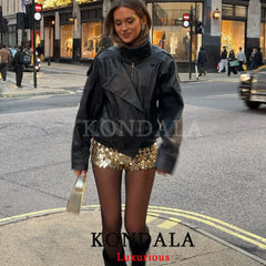 KONDALA Black Leather Jacket – Oversized Spring Women  Streetwear Coat