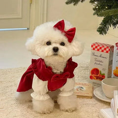 Puppy Bow Knot Dress Set Winter Warm Dog Clothes Pet Christmas Princess Dress Teddy Solid Color Skirt Send Clip Pet Shop Pet Clothing