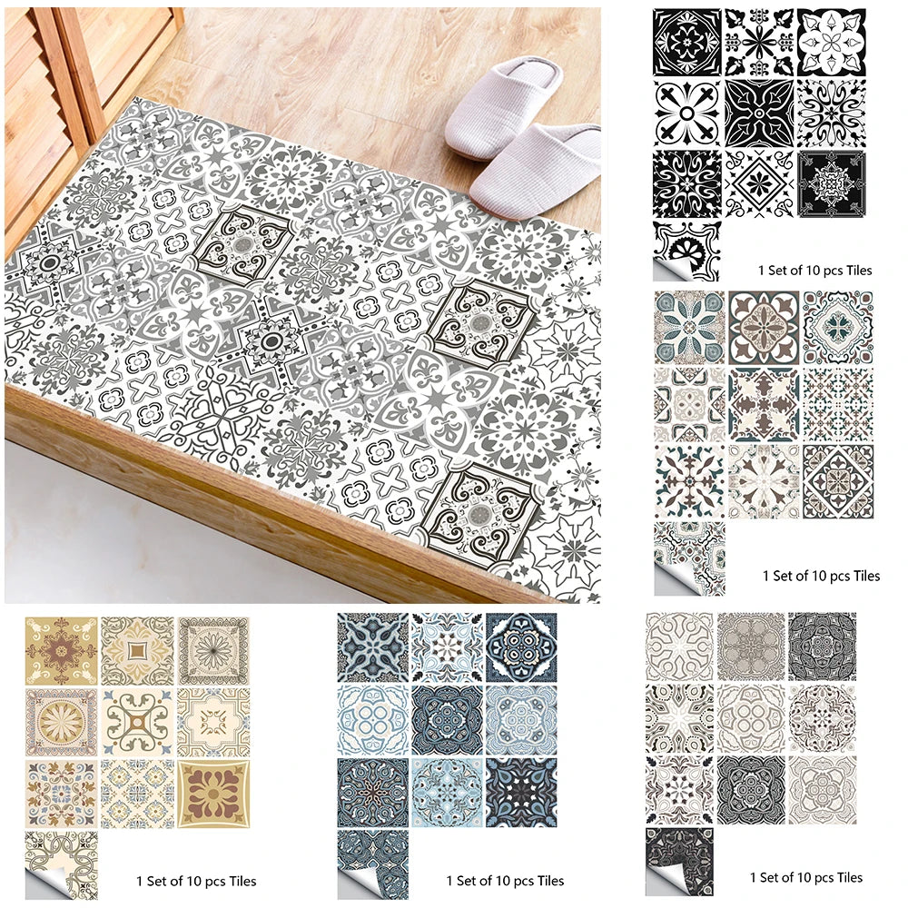 10pcs Retro Pattern Matte Surface Tiles Sticker Transfers Covers for Kitchen Bathroom Tables Floor Hard-wearing Art Wall Decor