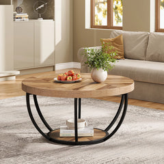 Tribesigns 31.7" Round Coffee Table, Industrial 2-Tier Circle Coffee Table with Storage Shelves, Modern Wooden Accent Center Tab Living Room Furniture