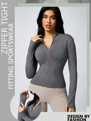 Women's Solid Color Zipper Turtleneck Sports Jacket, Long-Sleeved Sports Top, Gym Wear, Ladies' Sportswear for Indoor and Outdoo