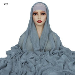 Ramadan Crinkle Rayon Hijabs with Cap Muslim Hijabs for Women Shawls Solid Instant Headscarf Wraps Stripe Islamic Turban Foulard