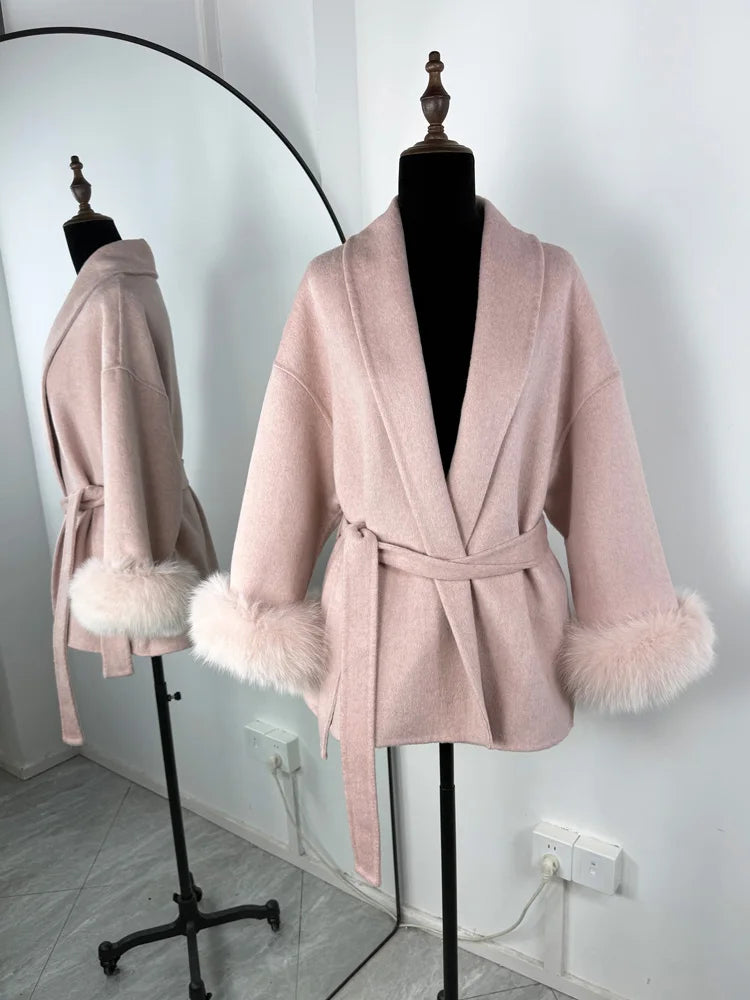 Tossy Fox Fur Wool Short Coat – Elegant Double-Sided Women Jacket