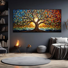 Colorful Mosaic Glass Canvas Painting,Tree of Life Artwork Canvas Print, Mythology Gift, for Living Room Office Home Decor