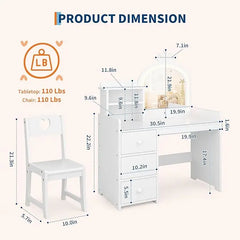 Kids Vanity Desk with Mirror and Lights, White Princess Wooden Makeup, Storage Shelves and Drawers, 2-in-1 Girls Dressing Table Bedroom Furniture