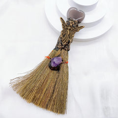 Natural Amethyst Crystal Love Heart Magic Broom Gem Crafts Home Decoration Reiki Healing Witch Broomstick Christmas Gift