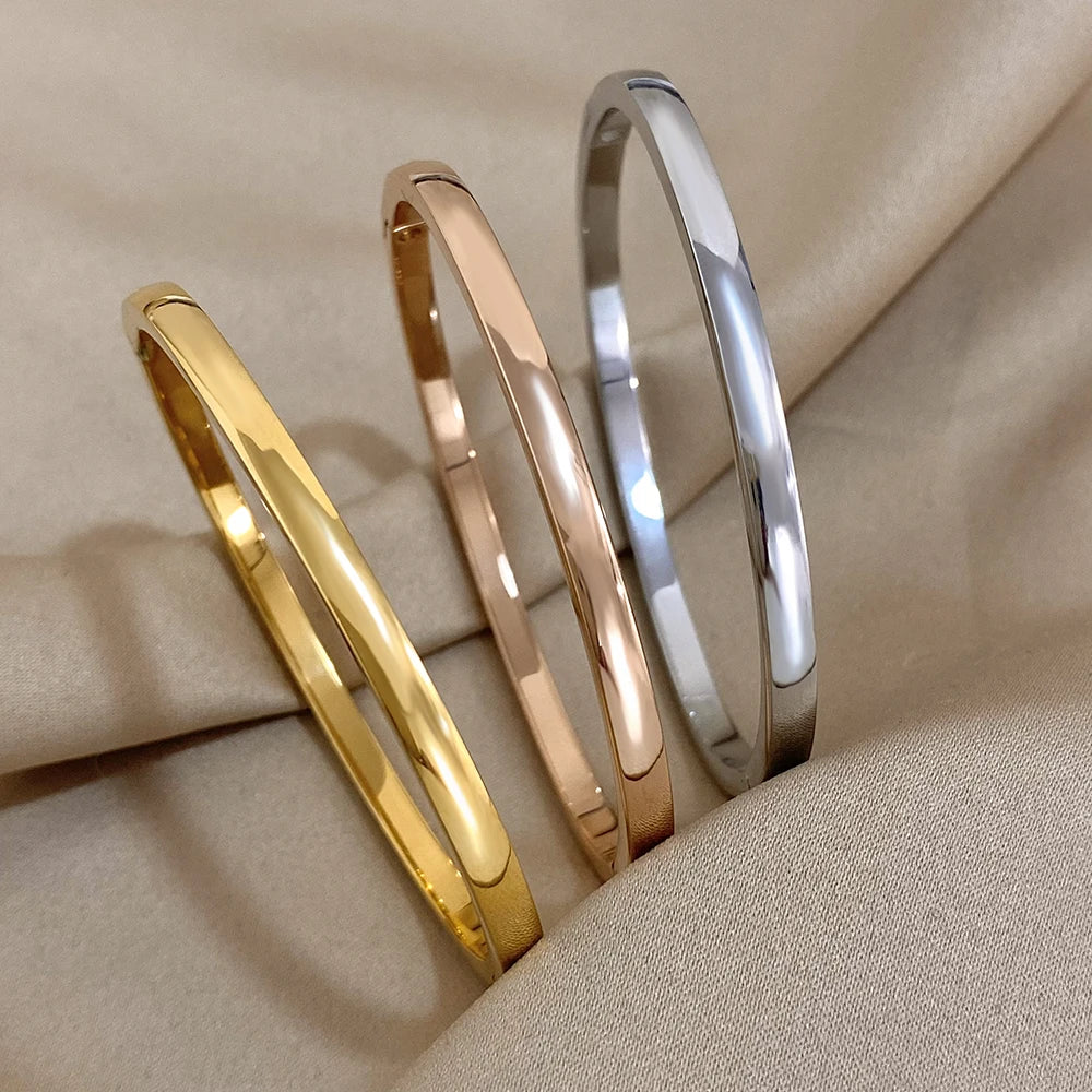 Fashion Smooth Stainless Steel Cuff Bangles Bracelets for Women Men New 4mm Gold Plated Stackable Waterproof Charm Jewelry