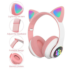 Flash Lamp Cute Cat Ears Headphone Bluetooth5.0 Stereo With Mic Support TF Card Wireless Kids Girl Earphone Birthday Gift