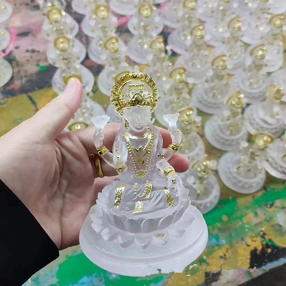 11cm White/Blue Resin Indian Lakshmi Buddha Statue, Mini SIze Delicate Auspicious Figurine of Buddhist Tailsman