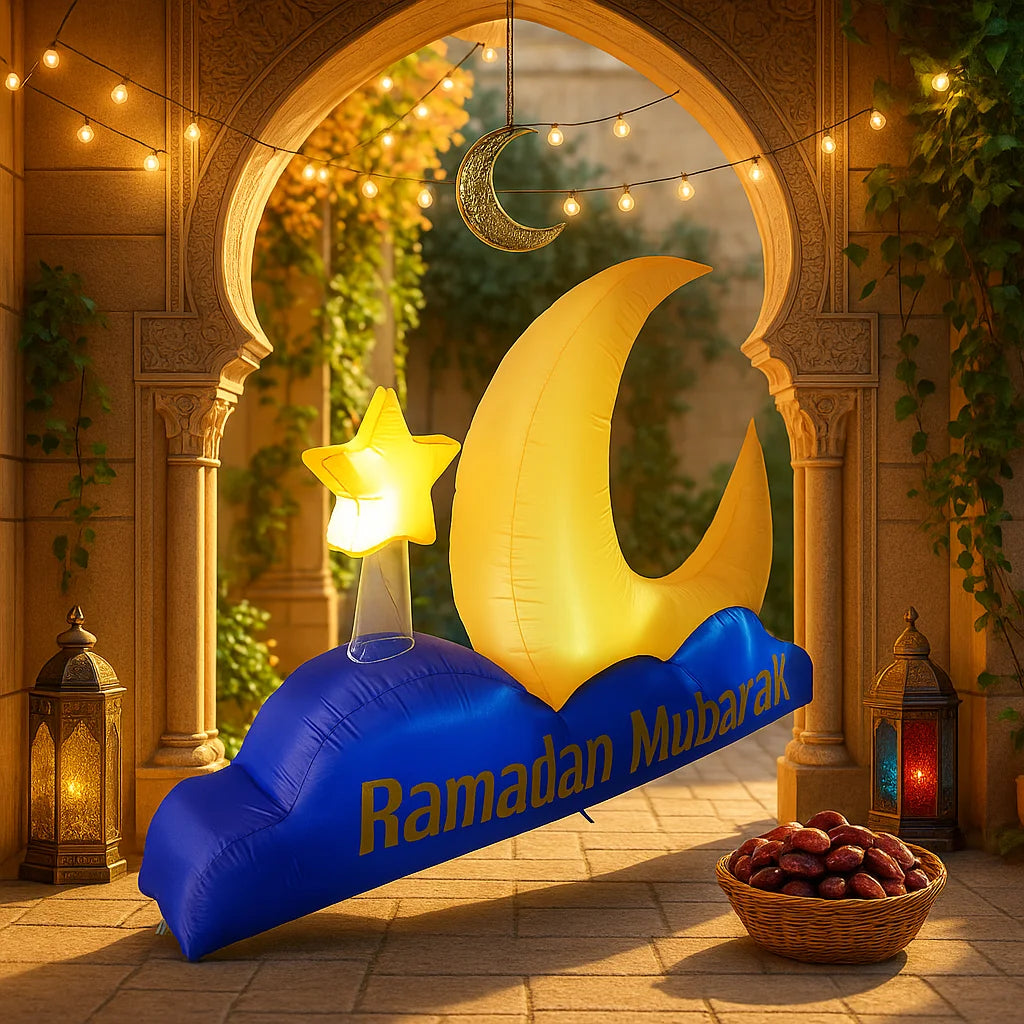7FT Ramadan Mubarak Inflatable Blue Crescent Decor Yellow Star Islamic Holiday  Decorative Supplies Ramadan Inflatable For Yard