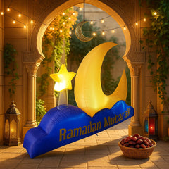 7FT Ramadan Mubarak Inflatable Blue Crescent Decor Yellow Star Islamic Holiday  Decorative Supplies Ramadan Inflatable For Yard